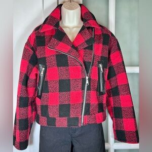 VIGOSS Buffalo Plaid Cropped Moto Jacket